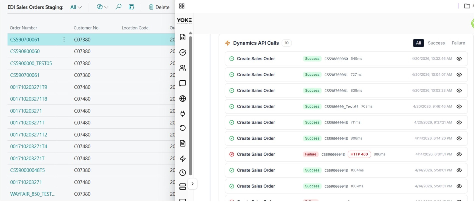 Yoke workspace showing EDI Sales Orders Staging next to Dynamics API Calls log