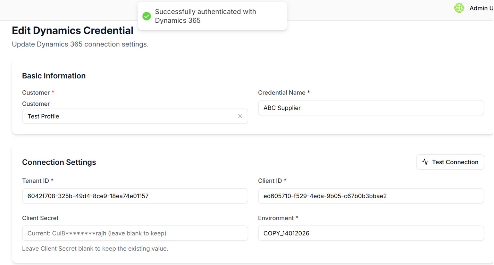 Edit Dynamics Credential screen with successful authentication confirmation