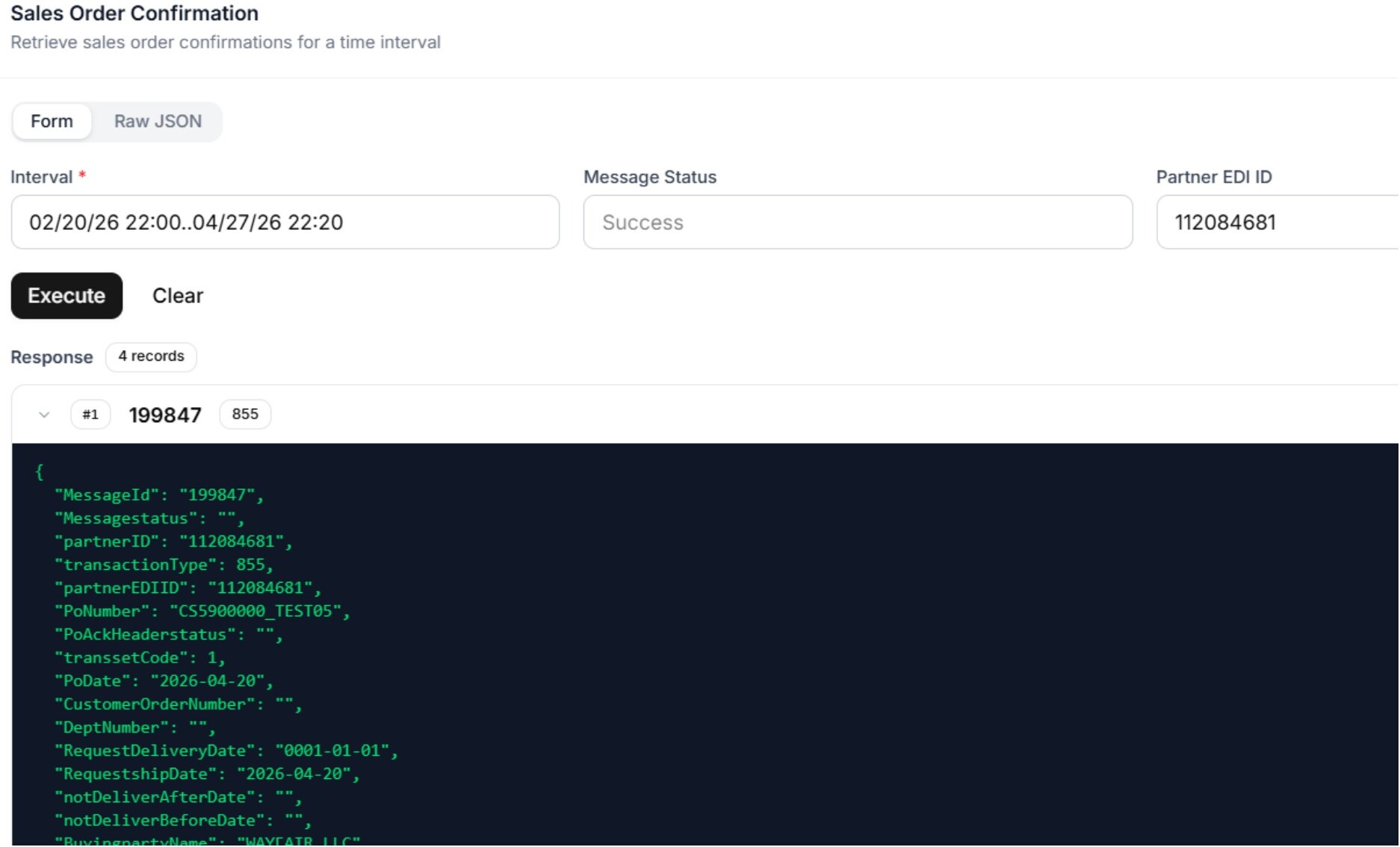 Sales Order Confirmation 855 test interface showing JSON response from Dynamics